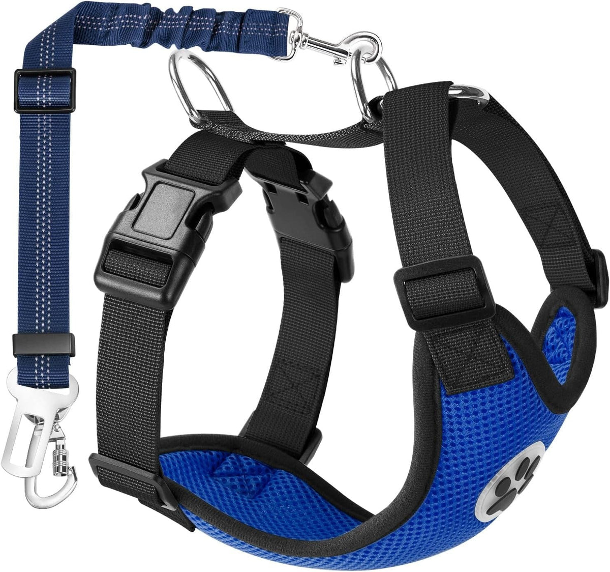 Arnés de seguridad azul para perro con cinturón elástico para automóvil