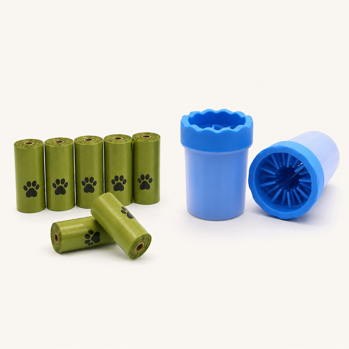 Eco Walk Kit with green dog waste bags and blue portable paw cleaner