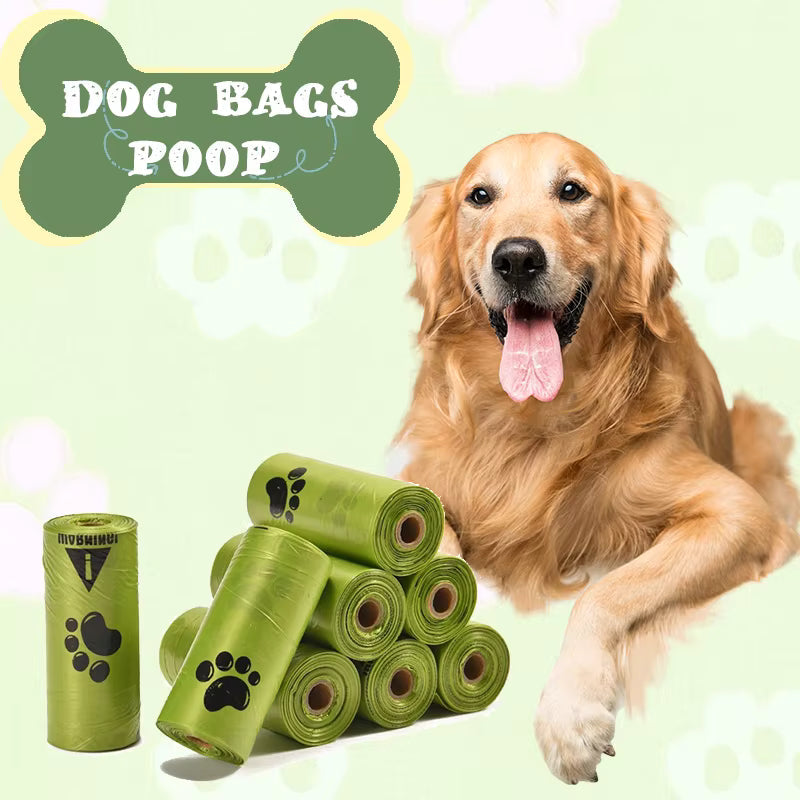 Green dog waste bag rolls with paw-print design