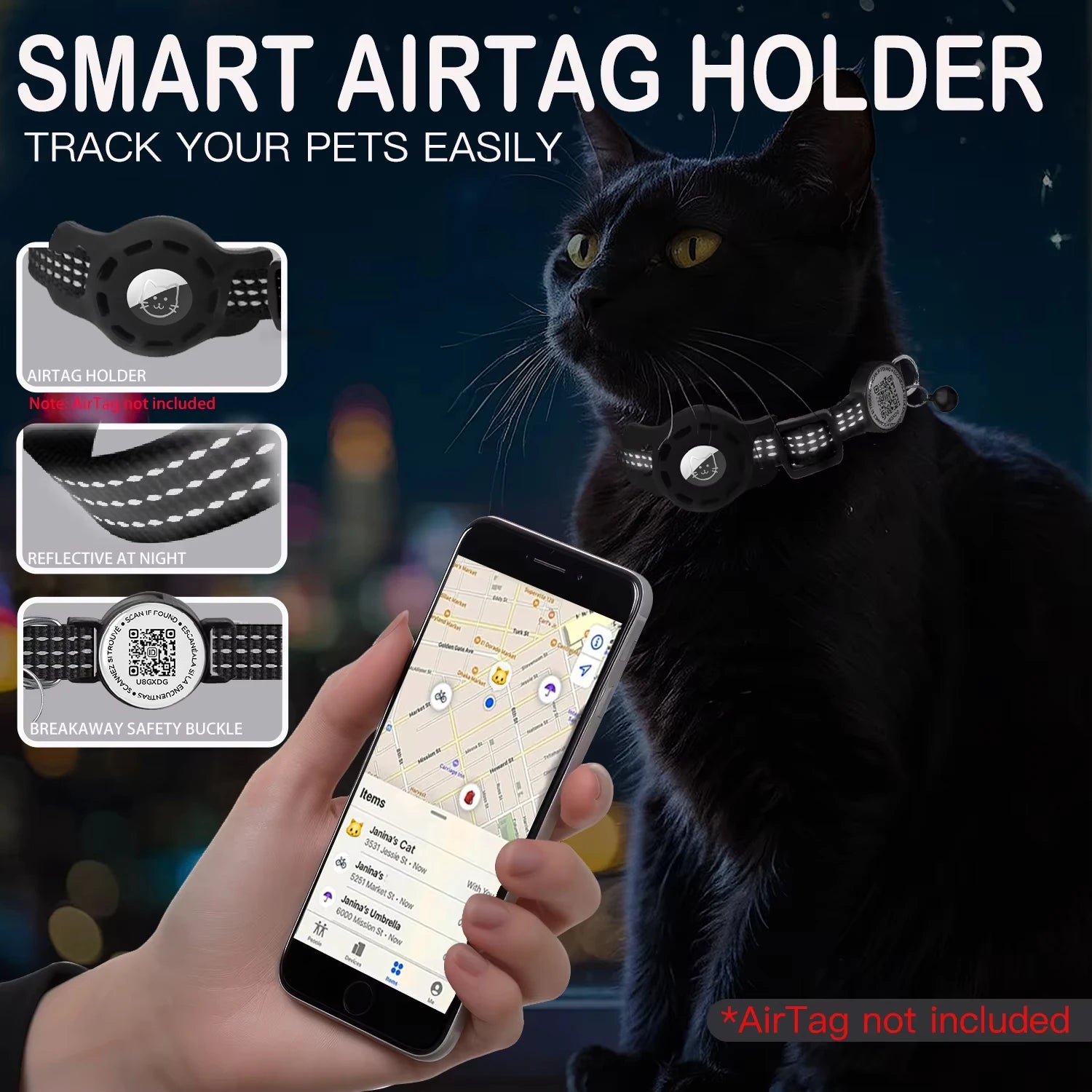 Reflective cat safety collar with QR code ID tag waterproof