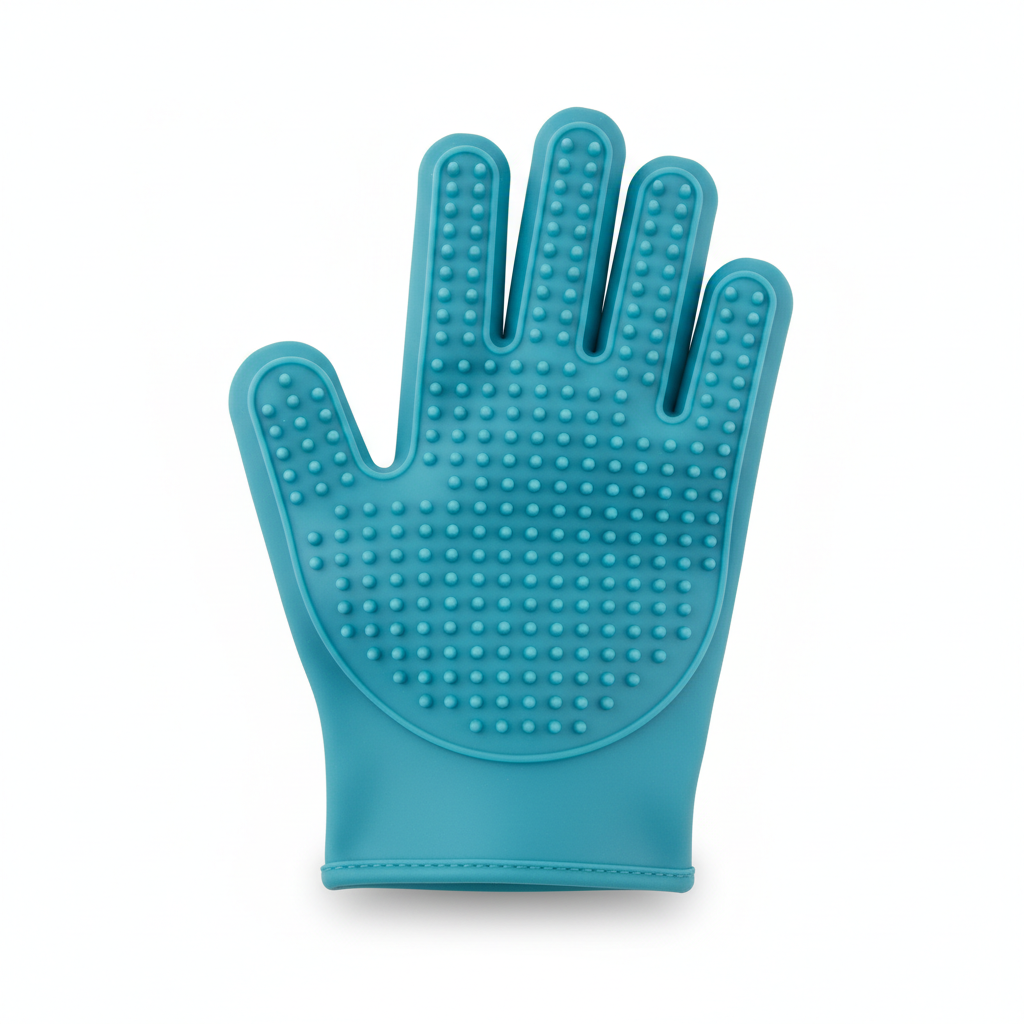 Silicone pet grooming glove removing loose fur from dog and cat