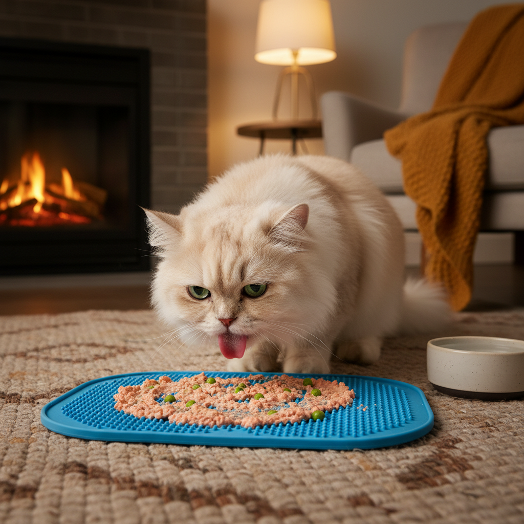 Cat licking silicone slow feeder mat with wet food