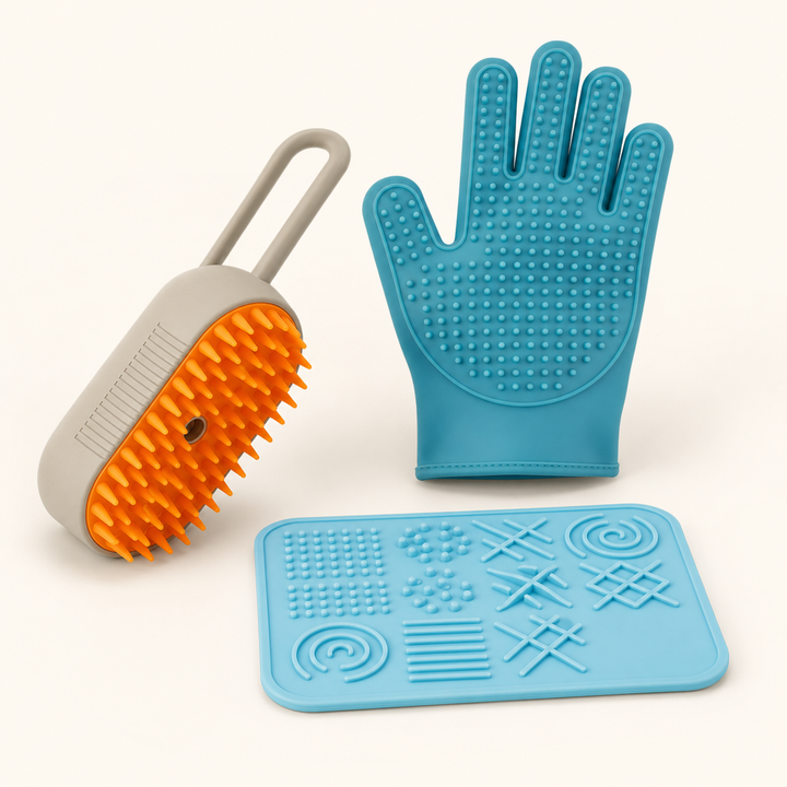 Home grooming kit with spray brush, grooming glove and blue lick mat